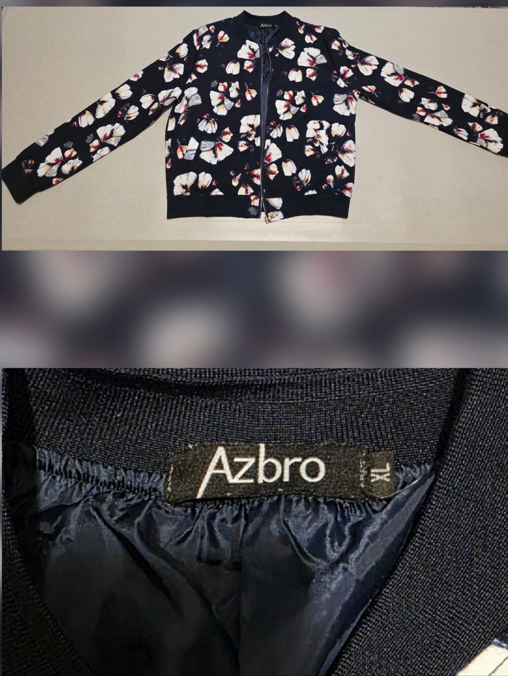 Azbro Navy Floral Zip Bomber Jacket